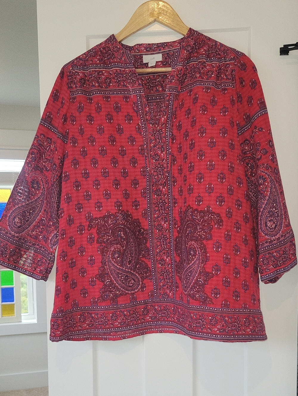 J. Jill Cotton Red Paisley Split-Front Blouse